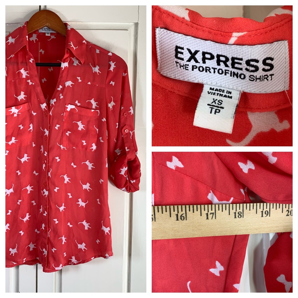 Cat Print  Express Portofino Shirt Women's XS Sheer Button Down Collared‎ READ